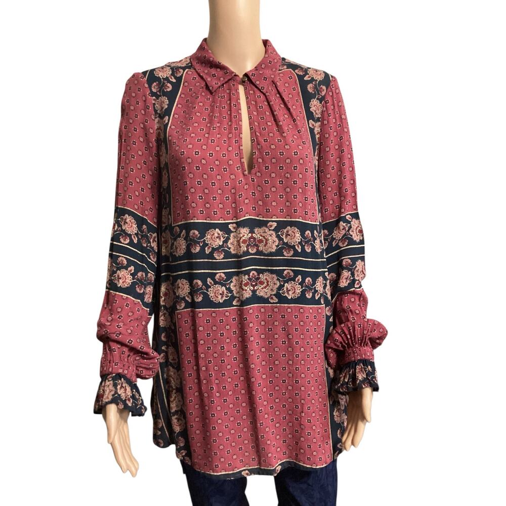 Free People Changing Times Printed Tunic bohemian billowy ruffled sleeves SP